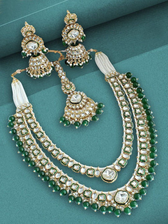 Gold-Plated Kundan-Studded & Beaded Necklace With Earrings And Mangtikka,SAMC
