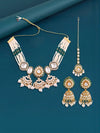 Women White & Green Gold-Plated Kundan Studded Alloy Necklace Earrings & Maang Tikka,SAMC