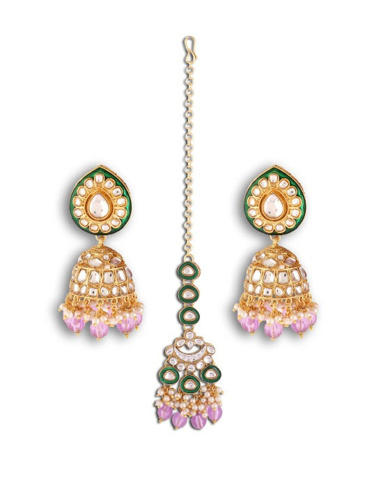 Gold Plated Dome Shaped Kundan Studded & Beaded Jhumkas,SAMC