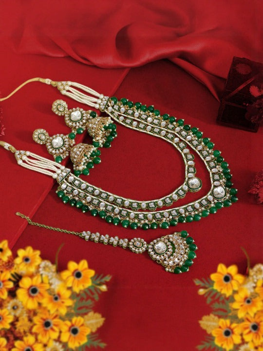 Gold-Plated Kundan-Studded & Beaded Necklace With Earrings And Mangtikka,SAMC
