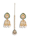 Women White & Green Gold-Plated Kundan Studded Alloy Necklace Earrings & Maang Tikka,SAMC