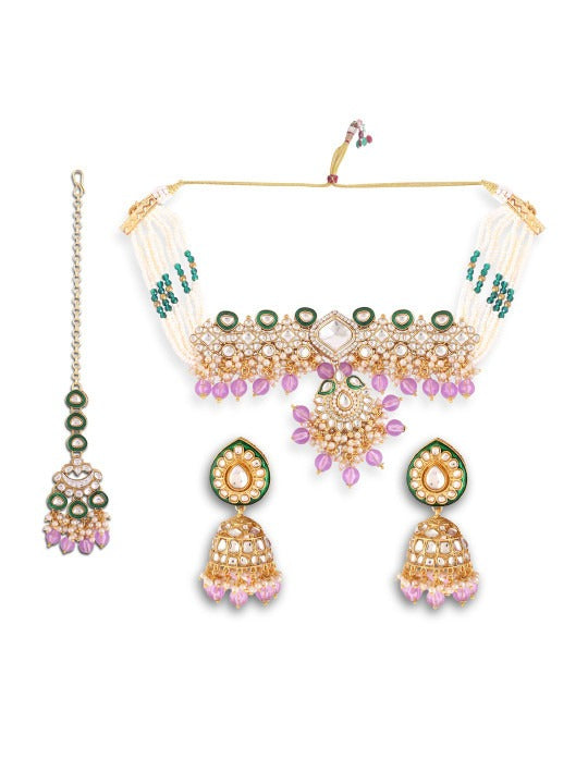 Women White & Purple Beaded & Pearl Kundan Jewellery Set,SAMC
