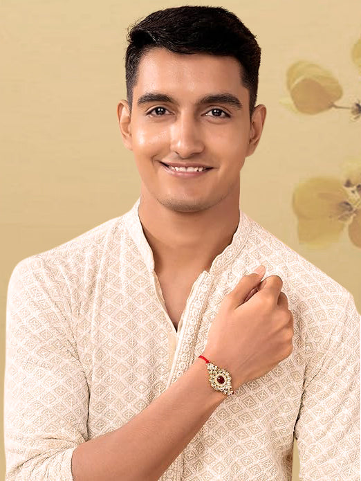 Rakhi Gold Plated Floral Rakhi with Roli Chawal and Raksha Bandhan Greeting Card For Men