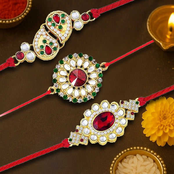 Rakhi Gold Plated Floral Rakhi with Roli Chawal and Raksha Bandhan Greeting Card For Men