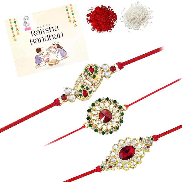Rakhi Gold Plated Floral Rakhi with Roli Chawal and Raksha Bandhan Greeting Card For Men