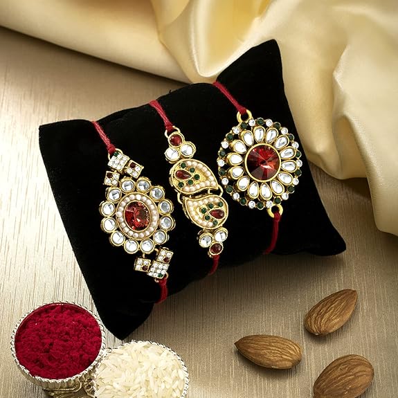 Rakhi Gold Plated Floral Rakhi with Roli Chawal and Raksha Bandhan Greeting Card For Men