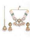 Women White & Green Gold-Plated Kundan Studded Alloy Necklace Earrings & Maang Tikka,SAMC