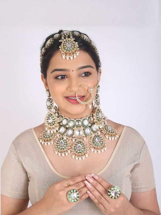 Women Kundan Bridal Necklace Earring Matha Patti & Nose Pin Set,SAMC