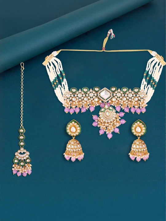 Women White & Purple Beaded & Pearl Kundan Jewellery Set,SAMC