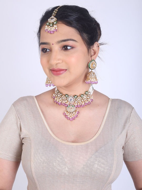 Women White & Purple Beaded & Pearl Kundan Jewellery Set,SAMC